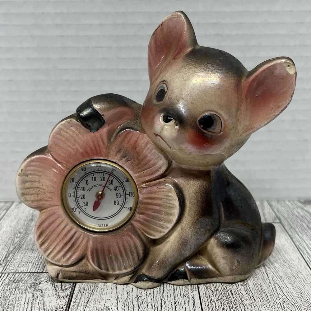 Vtg Kitschy Ceramic Kitten Cat Figurine Thermometer Flower Japan Lusterware MCM